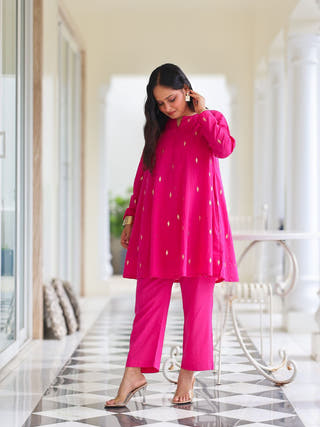 Rani Pink Cotton Lurex Short Kurta Set