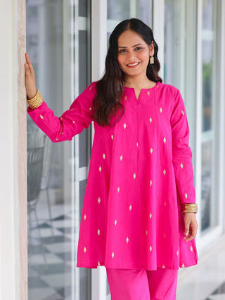 Rani Pink Cotton Lurex Short Kurta Set