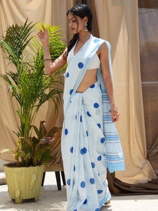 Nirali Heritage Hand Block Printed Pure Cotton Striped Saree