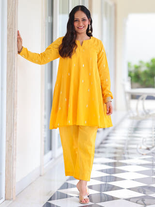 Kesar Yellow Cotton Lurex Short Kurta Set