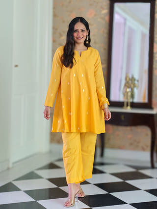 Kesar Yellow Cotton Lurex Short Kurta Set