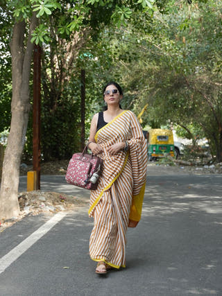 Sarika Heritage Hand Block Printed Pure Cotton Striped Saree