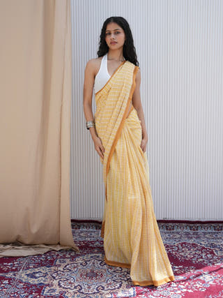 Saanvi Heritage Hand Block Printed Pure Cotton Striped Saree