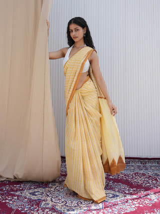 Saanvi Heritage Hand Block Printed Pure Cotton Striped Saree