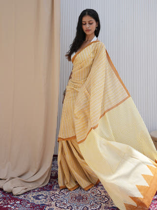 Saanvi Heritage Hand Block Printed Pure Cotton Striped Saree