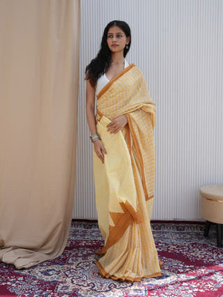 Saanvi Heritage Hand Block Printed Pure Cotton Striped Saree