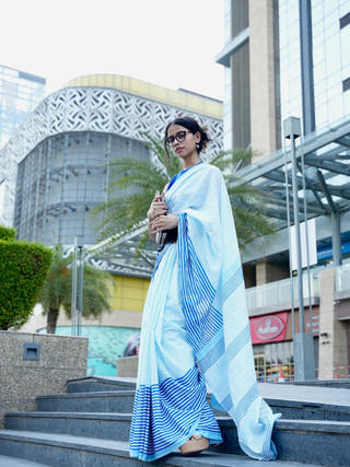 Navya Heritage Hand Block Printed Pure Cotton Striped Saree