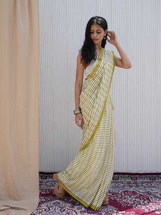 Gauri Heritage Hand Block Printed Pure Cotton Striped Saree