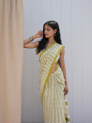 Gauri Heritage Hand Block Printed Pure Cotton Striped Saree