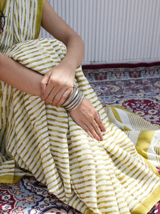Gauri Heritage Hand Block Printed Pure Cotton Striped Saree