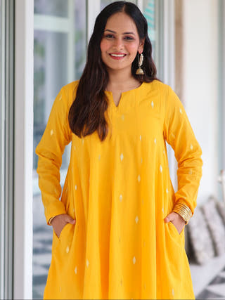 Kesar Yellow Cotton Lurex Short Kurta Set