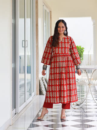 Piku Red HandBlock Bagru Print Cotton Kurta Set