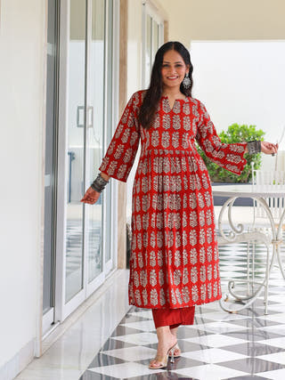 Piku Red HandBlock Bagru Print Cotton Kurta Set