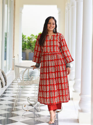 Piku Red HandBlock Bagru Print Cotton Kurta Set