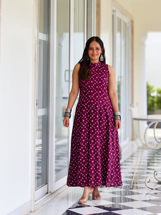 Aditi Purple Bandhani Print Cotton Maxi Dress