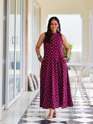 Aditi Purple Bandhani Print Cotton Maxi Dress