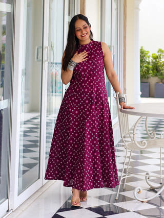 Aditi Purple Bandhani Print Cotton Maxi Dress