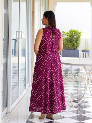 Aditi Purple Bandhani Print Cotton Maxi Dress