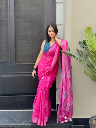 Gulnaar Pink Ikkat Handwoven Saree