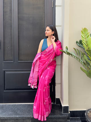 Gulnaar Pink Ikkat Handwoven Saree