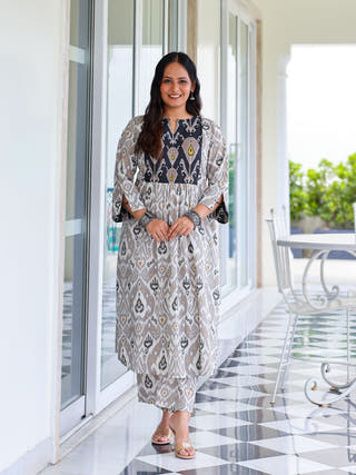 Vedika Grey Ikat Cotton Kurta Set