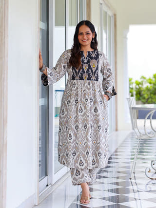 Vedika Grey Ikat Cotton Kurta Set