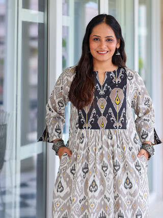 Vedika Grey Ikat Cotton Kurta Set