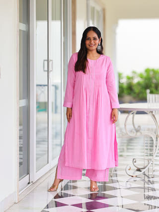 Harleen Pink Cotton Lurex Straight Kurta Set