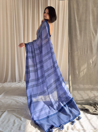 Meena Blue Hand Block Printed Saree In Pure Mul Cotton