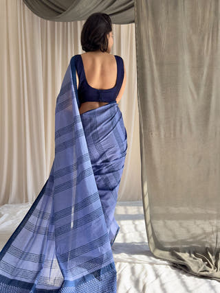 Meena Blue Hand Block Printed Saree In Pure Mul Cotton