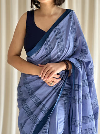 Meena Blue Hand Block Printed Saree In Pure Mul Cotton