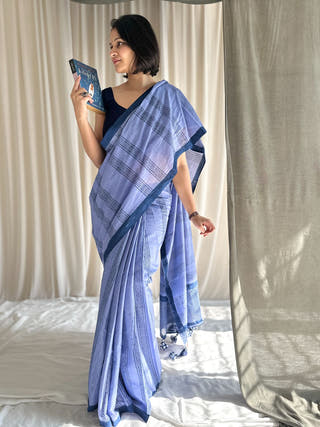 Meena Blue Hand Block Printed Saree In Pure Mul Cotton
