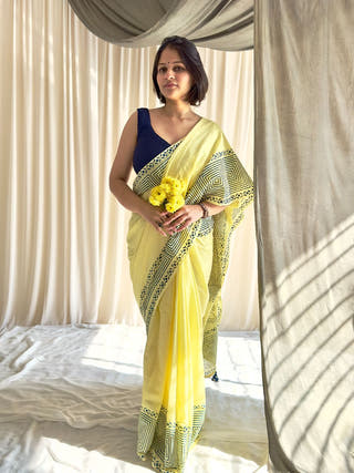 Naira Lime Yellow Block Printed Saree In Pure Mul Cotton