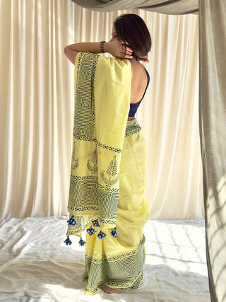 Naira Lime Yellow Block Printed Saree In Pure Mul Cotton
