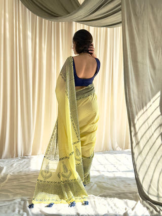 Naira Lime Yellow Block Printed Saree In Pure Mul Cotton