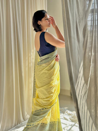 Naira Lime Yellow Block Printed Saree In Pure Mul Cotton