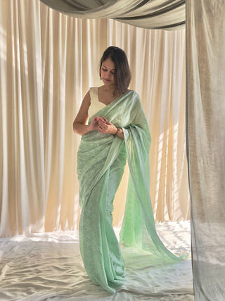 Nargis Pastel Mint Hand Block Printed Mulmul Cotton Saree