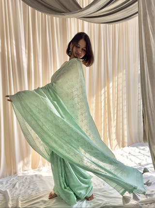 Nargis Pastel Mint Hand Block Printed Mulmul Cotton Saree