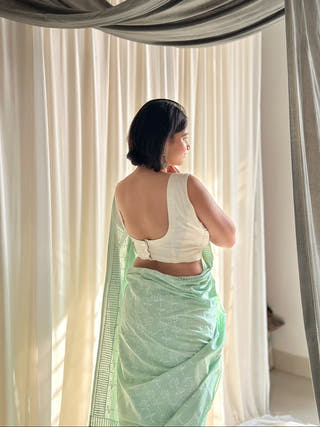 Nargis Pastel Mint Hand Block Printed Mulmul Cotton Saree