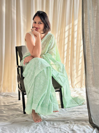 Nargis Pastel Mint Hand Block Printed Mulmul Cotton Saree