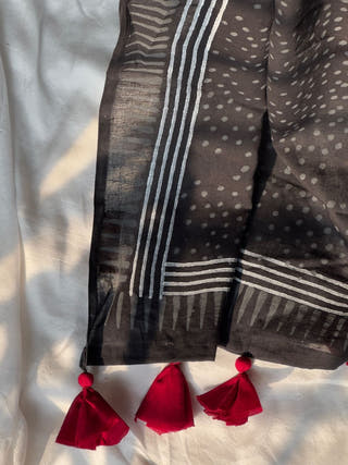 Tara Black & Grey Dotted Hand Block Printed Mulmul Cotton Saree