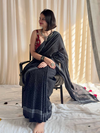 Tara Black & Grey Dotted Hand Block Printed Mulmul Cotton Saree