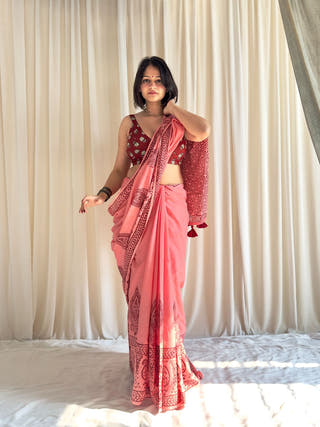 Adaah Hand Block Printed Pink Mulmul Saree