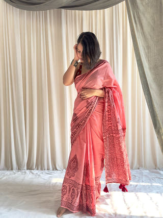 Adaah Hand Block Printed Pink Mulmul Saree