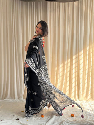 Phirkee Black Hand Block Printed Mulmul Cotton Saree