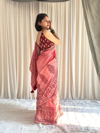 Adaah Hand Block Printed Pink Mulmul Saree