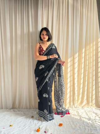 Phirkee Black Hand Block Printed Mulmul Cotton Saree