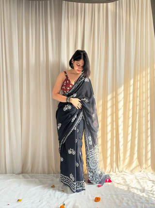Phirkee Black Hand Block Printed Mulmul Cotton Saree