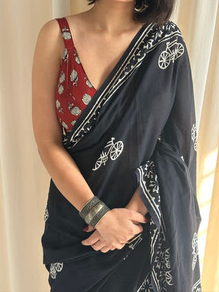 Phirkee Black Hand Block Printed Mulmul Cotton Saree