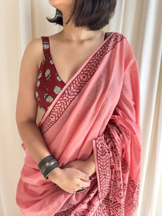 Adaah Hand Block Printed Pink Mulmul Saree